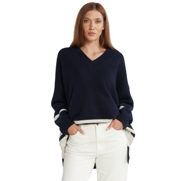 MAXMARA Nuraghe Striped V-Neck Knit Wool Sweater Navy Ivory Size M NEW - Picture 2 of 12